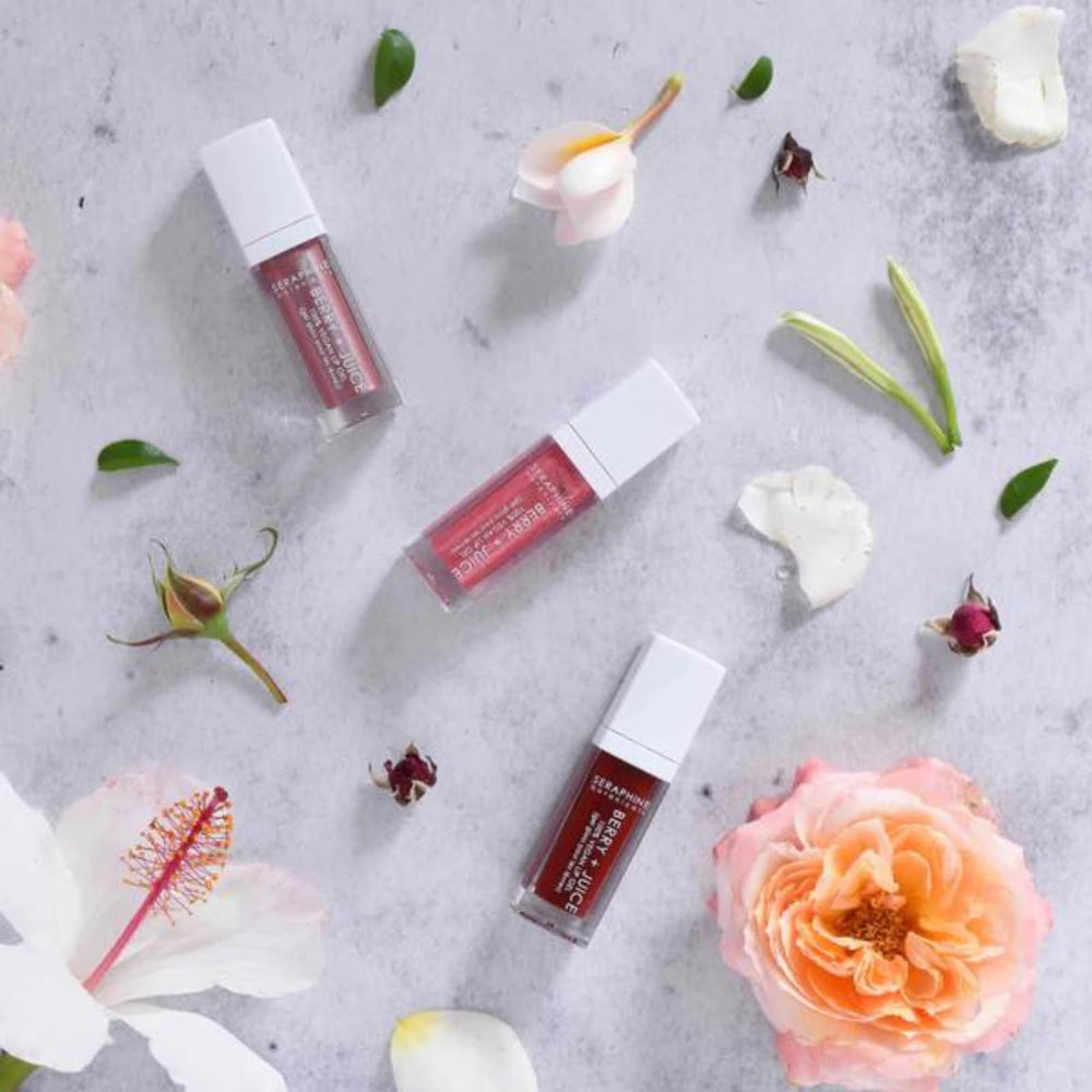 Seraphine Botanicals Berry + Juice close-up of glossy berry tint on lips