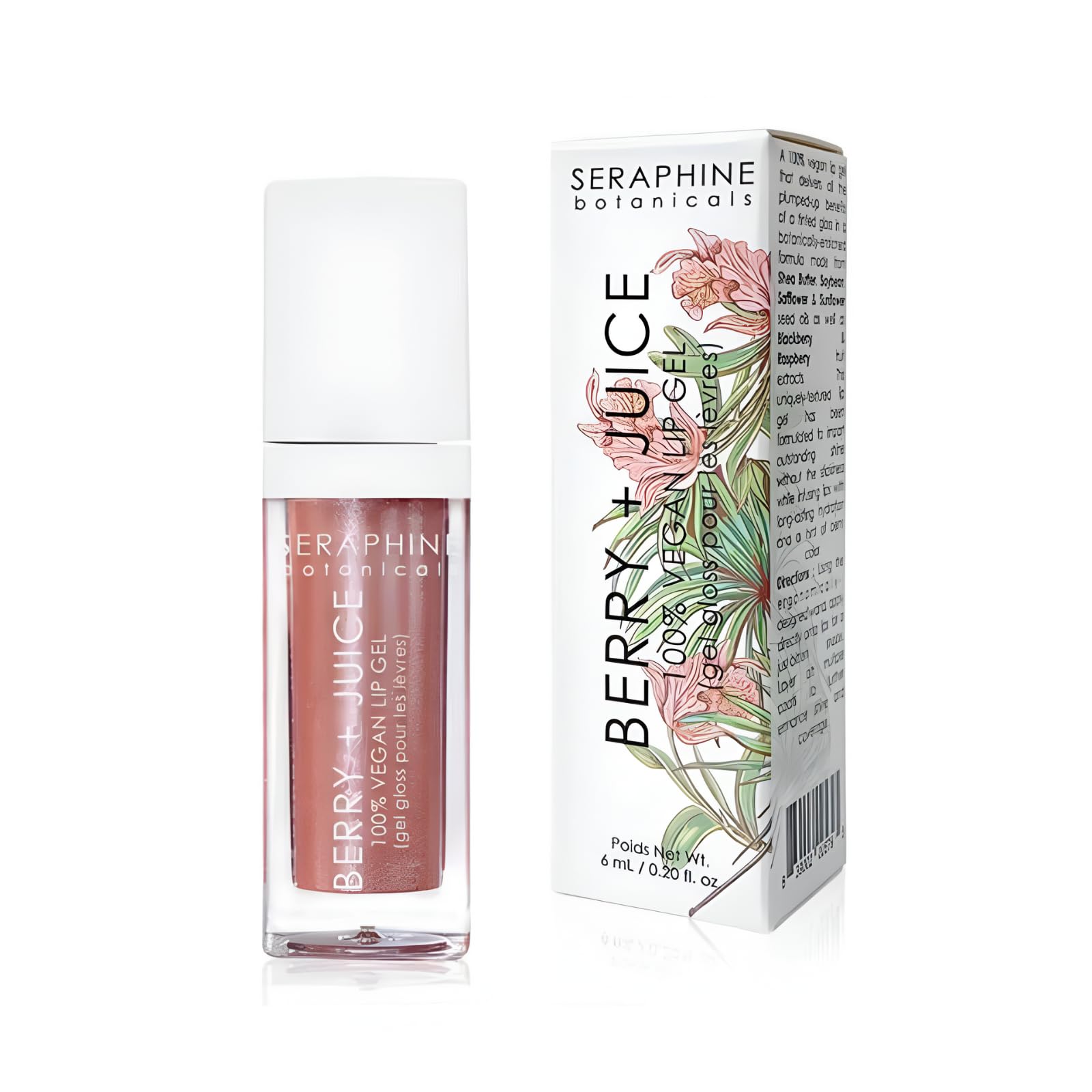 Seraphine Botanicals Berry + Juice lip gel bottle showing vegan formula with berry tint for daily wear