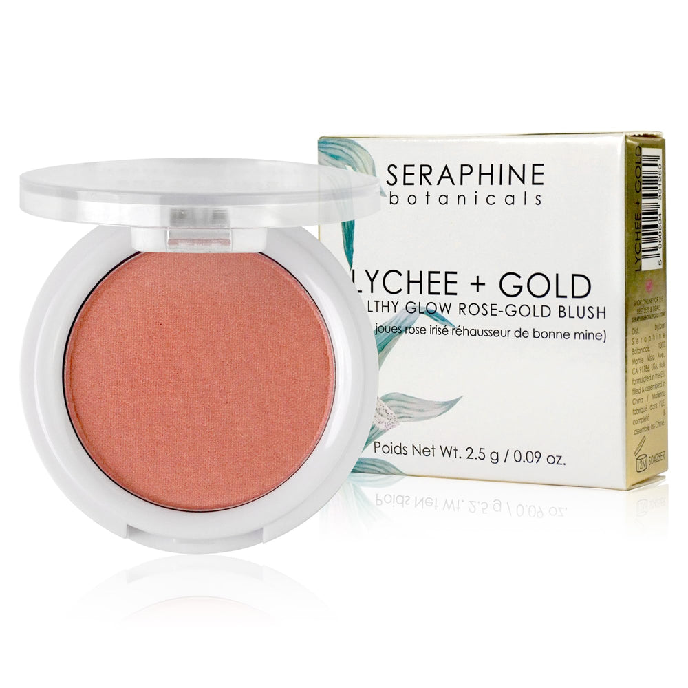 Seraphine Botanicals Lychee + Gold Blush compact with rose-gold shimmer for radiant skin