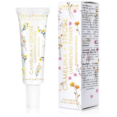 Seraphine Botanicals Camelina + Strobe primer glow bottle boosts radiance.