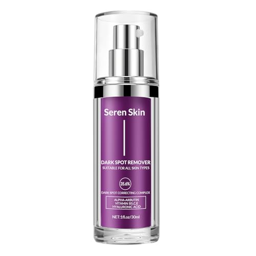 SerenSkin dark-spot remover bottle pour demonstrates easy, precise application for evening skin tone.
