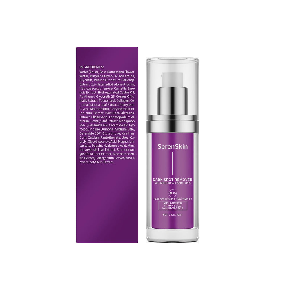 SerenSkin dark-spot remover packaging displays premium bottle and easy-use design.