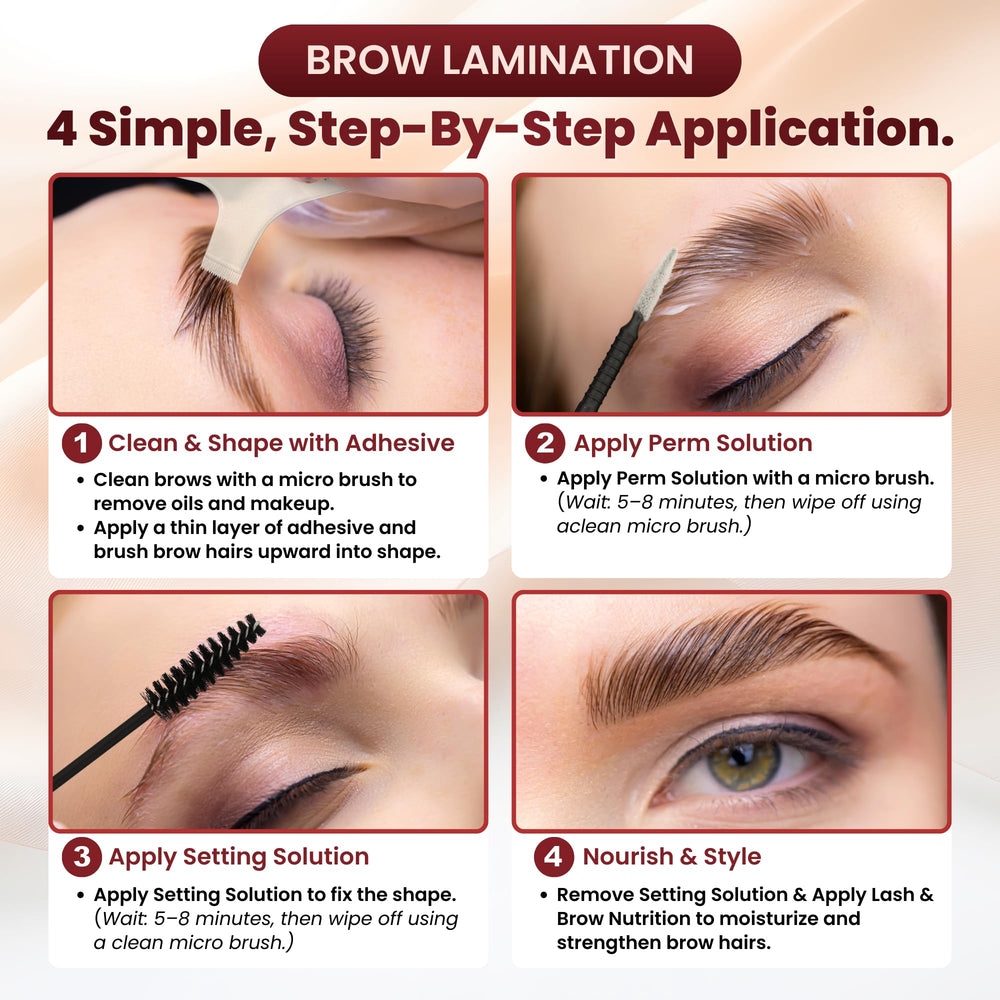 Serena Beauty brow lamination kit featuring defined brows and lamination steps.