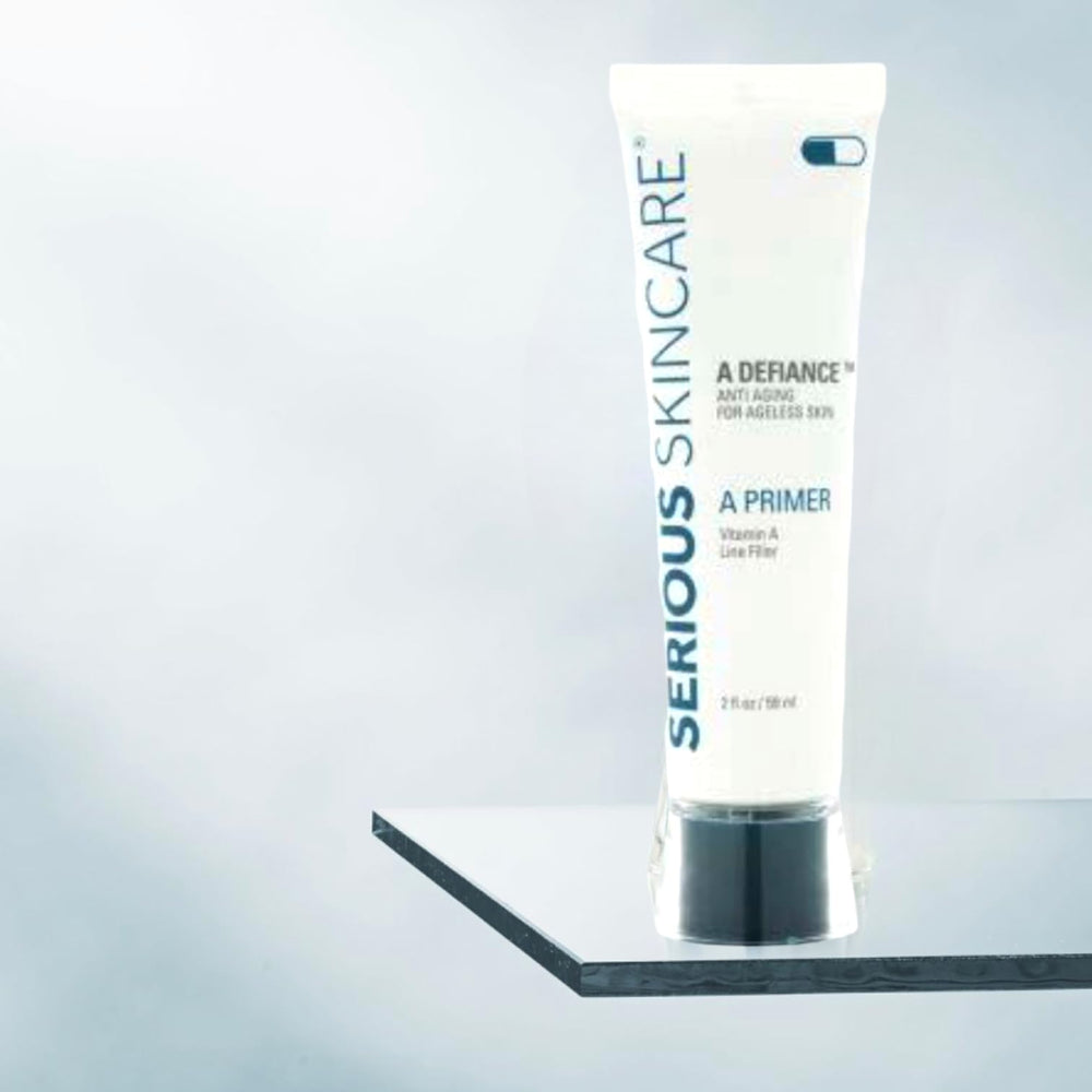 Serious Skincare A Primer highlights with light reflectors for a bright, air-brushed look.