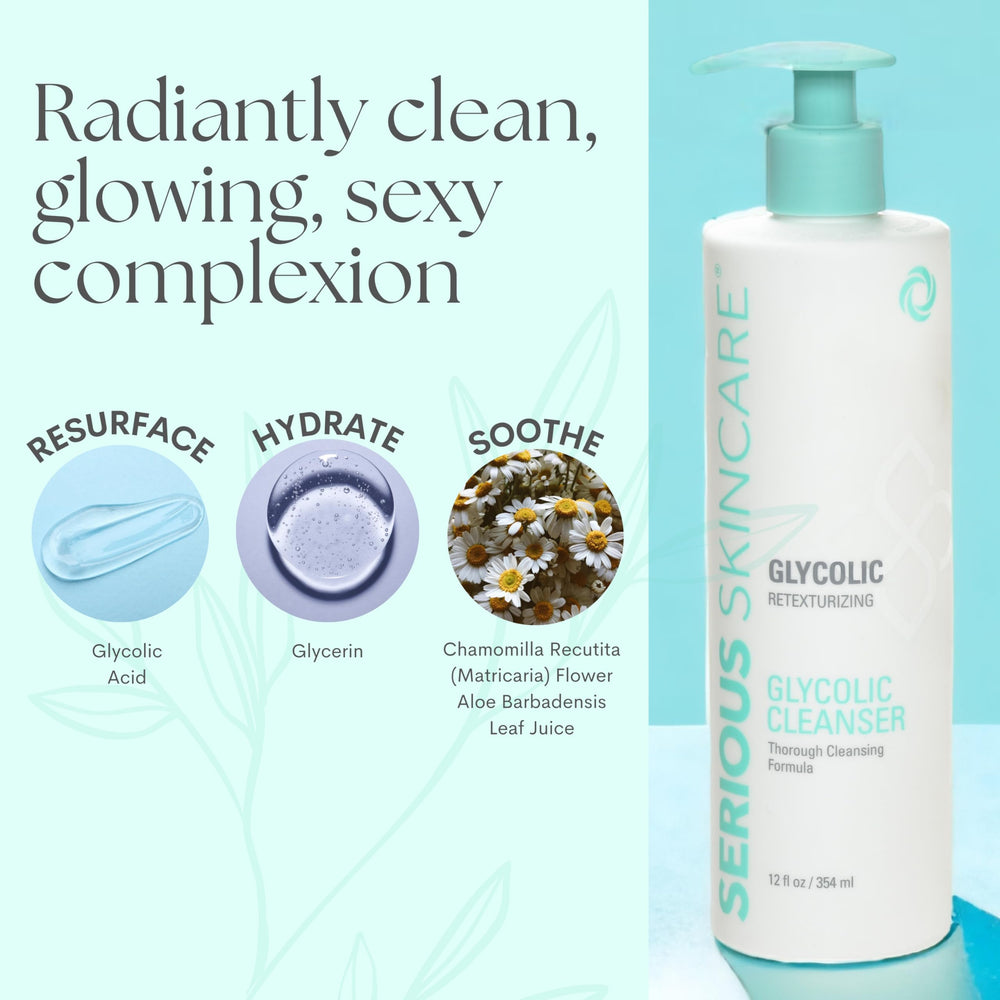 Serious Skincare Glycolic Cleanser creamy lather nourishes skin while removing makeup and impurities