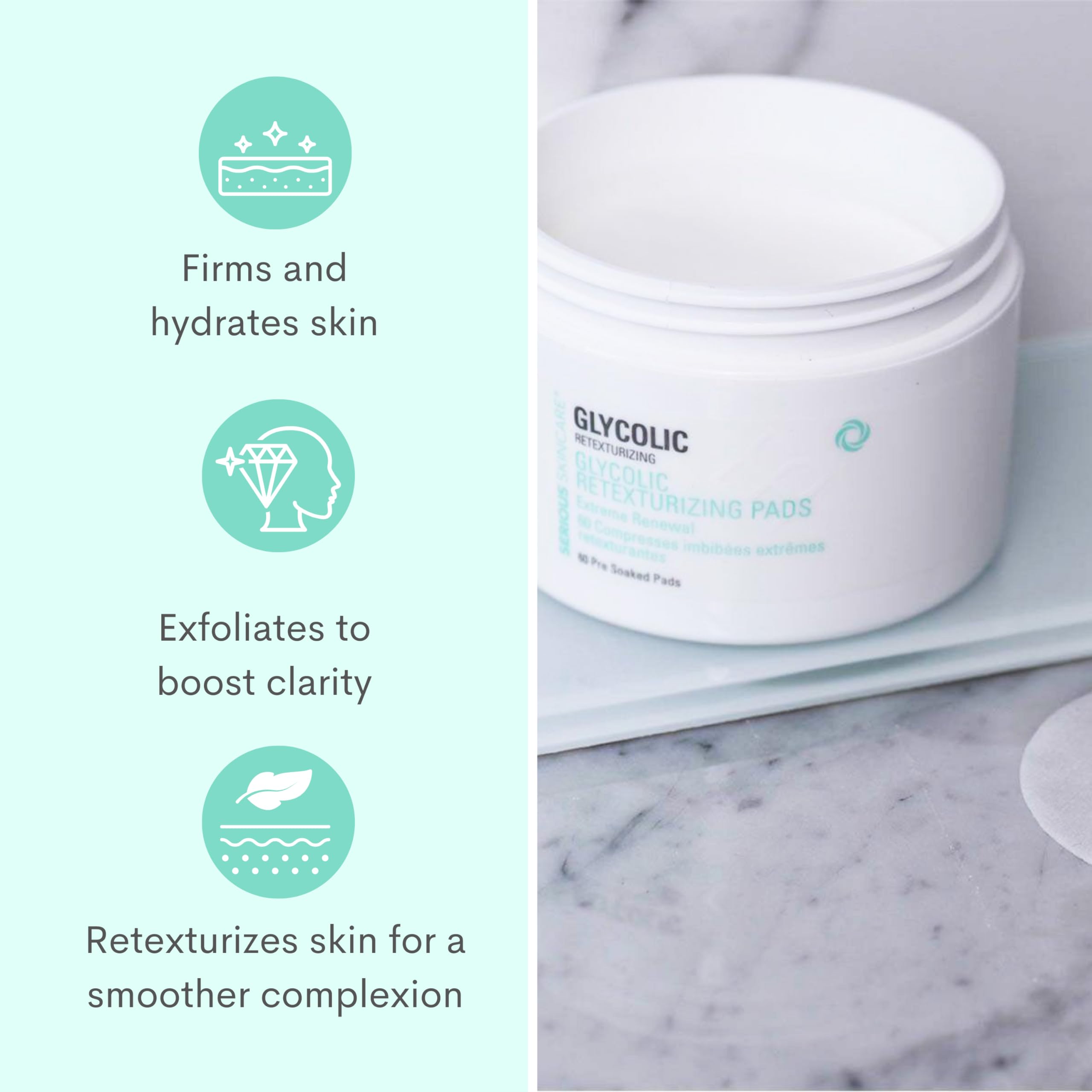 Serious Skincare Glycolic Pads packaging side view notes USA-made production.