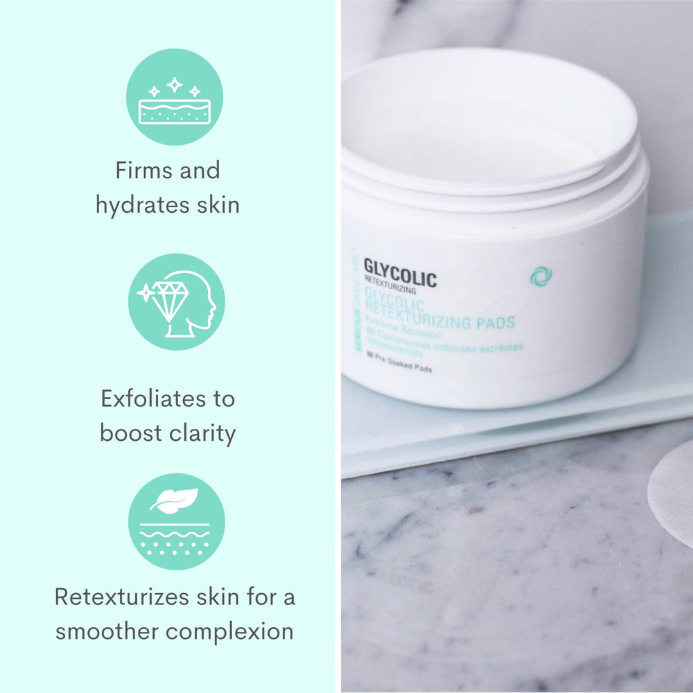 Serious Skincare Glycolic Pads packaging side view notes USA-made production.