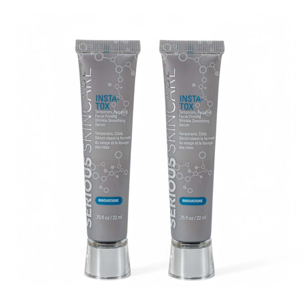 Serious Skincare INSTA-TOX serum bottle close-up shows quick lift potential.