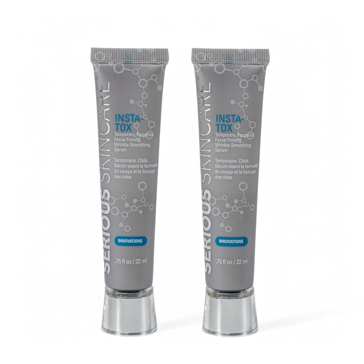 Serious Skincare INSTA-TOX serum bottle close-up shows quick lift potential.