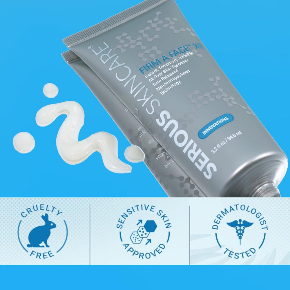 Serious Skincare Instant FIRM A FACE XR packaging highlighting cruelty-free USA-made.