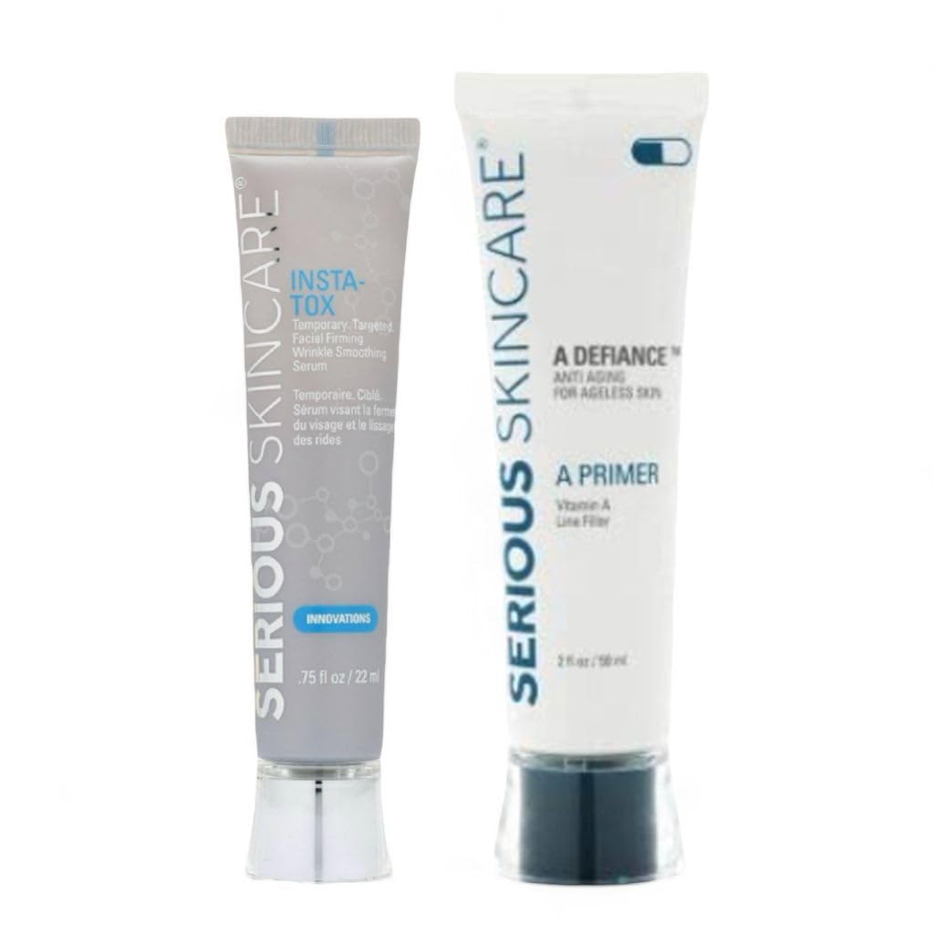 Serious Skincare Insta-Tox bottle shows compact serum for quick wrinkle-smoothing touch-ups.