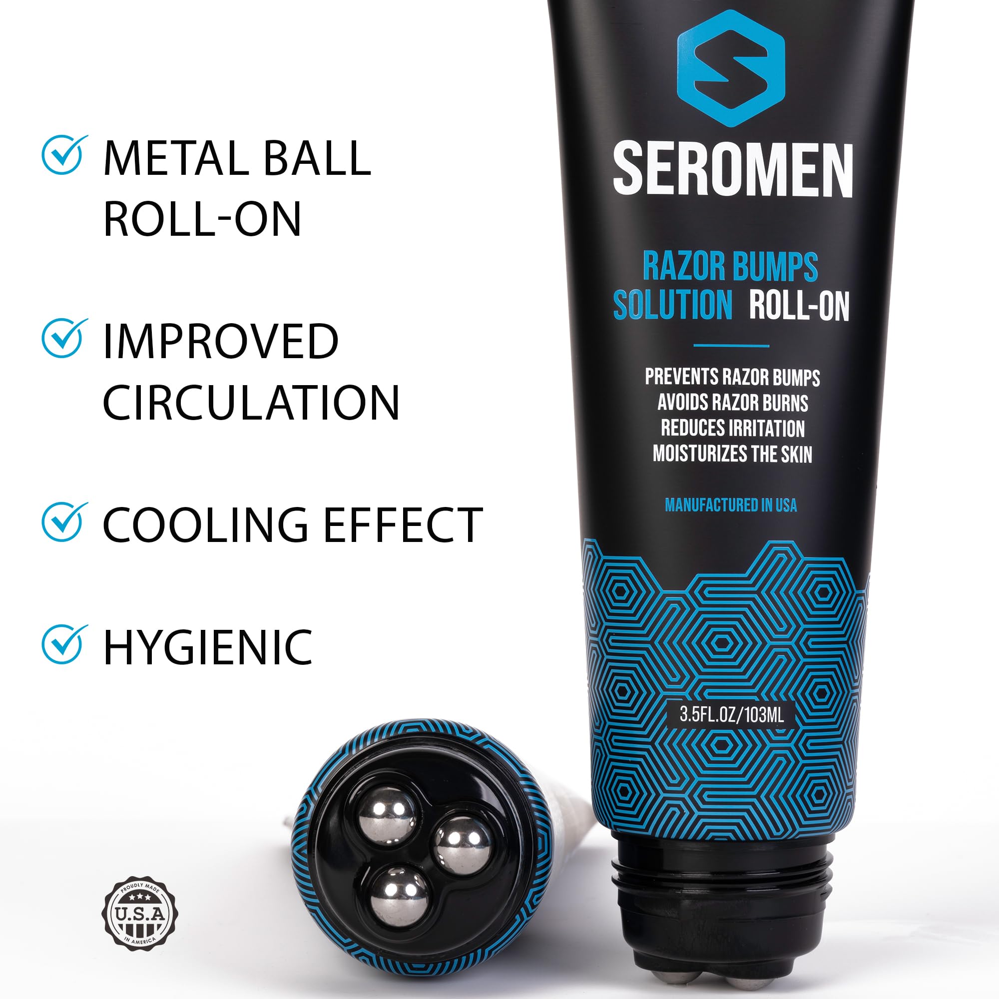 Close-up of Seromen roll-on applying serum evenly after shaving.