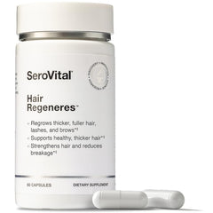 Serovital Hair Regeneres bottle on a vanity promoting fuller-looking hair over time.