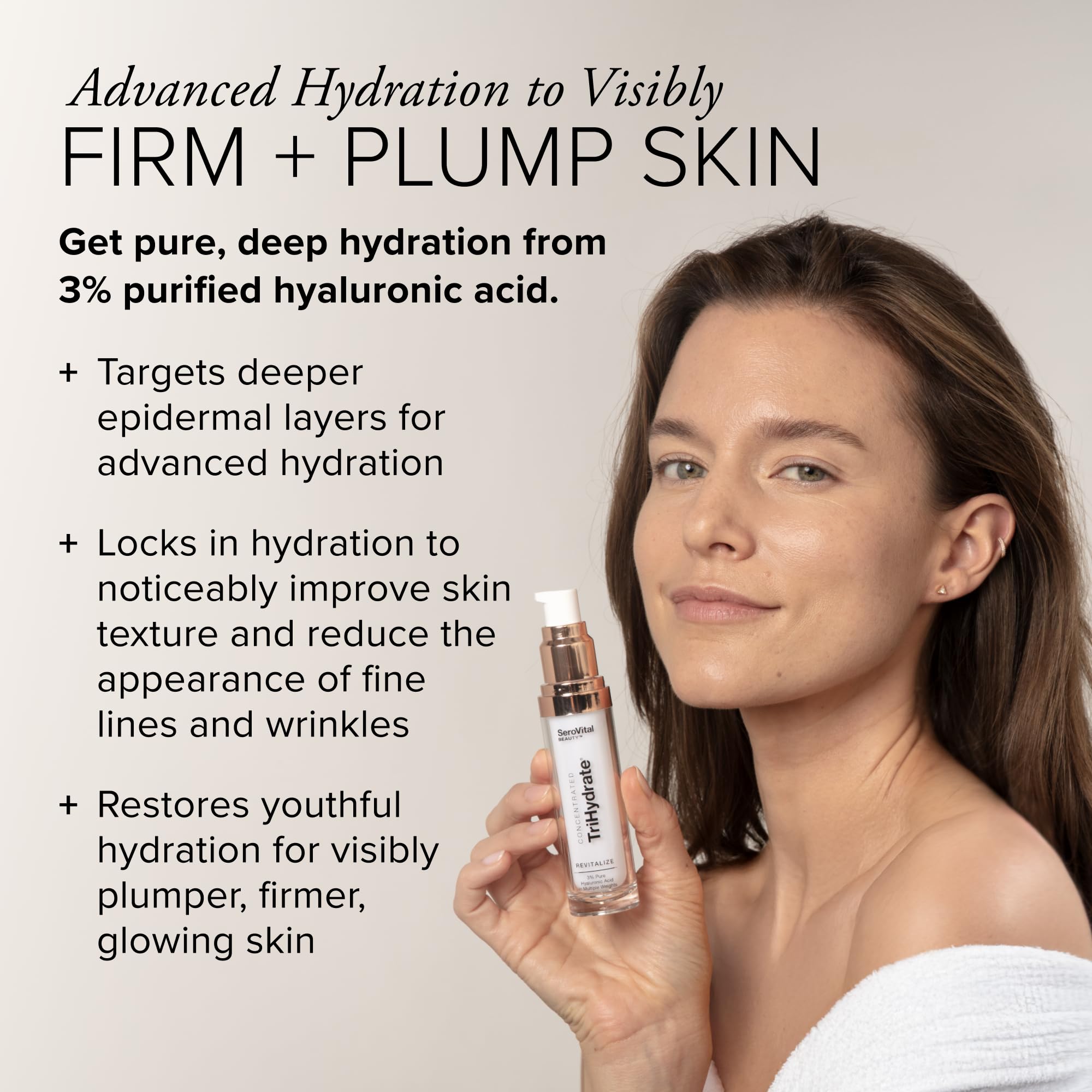 Serovital TriHydrate ingredients panel highlights three forms of hyaluronic acid.