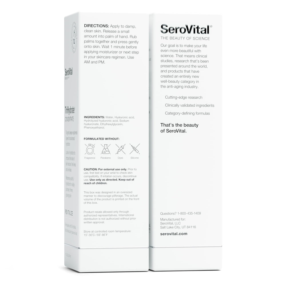 Serovital TriHydrate packaging flatlay conveys premium hydration routine.