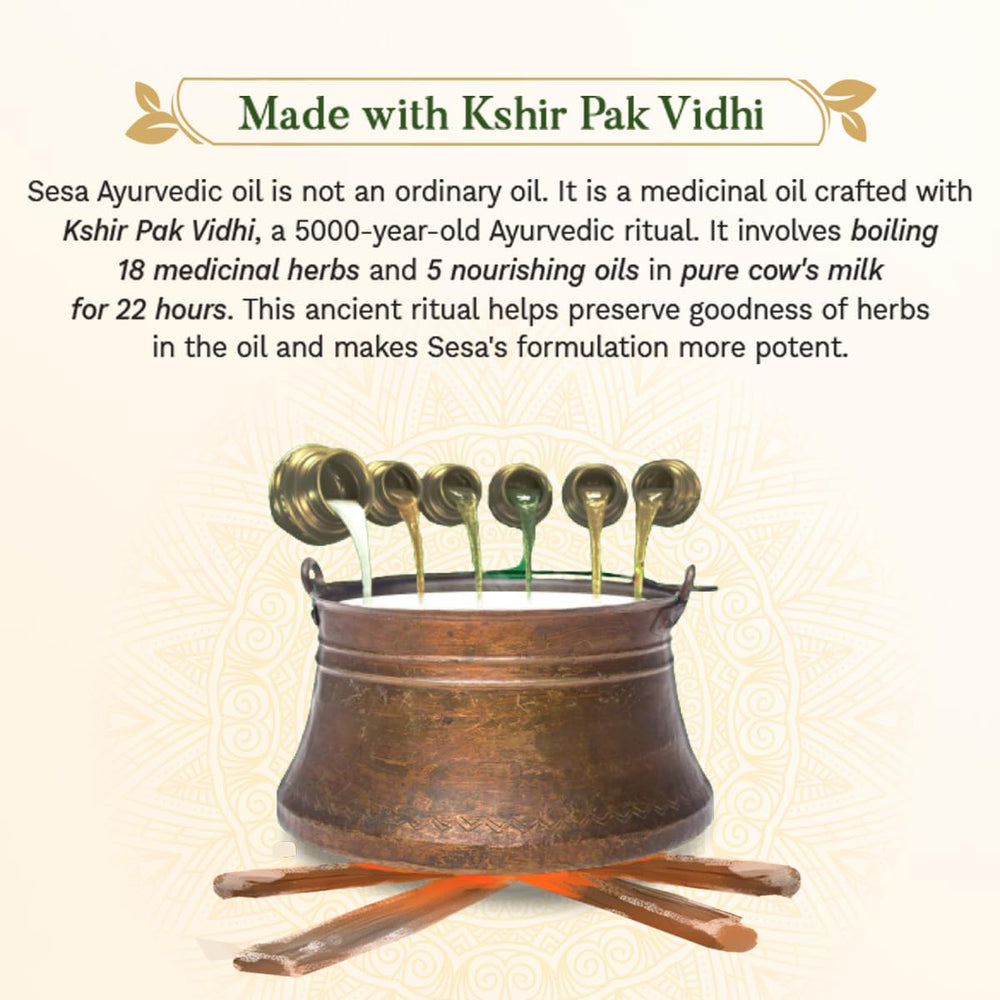 Sesa Ayurvedic Hair Oil bottle shows coconut and sesame oil ingredients
