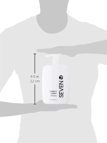 SEVEN Cubica Clarifying Shampoo back-label closeup with vegan and cruelty-free credentials.