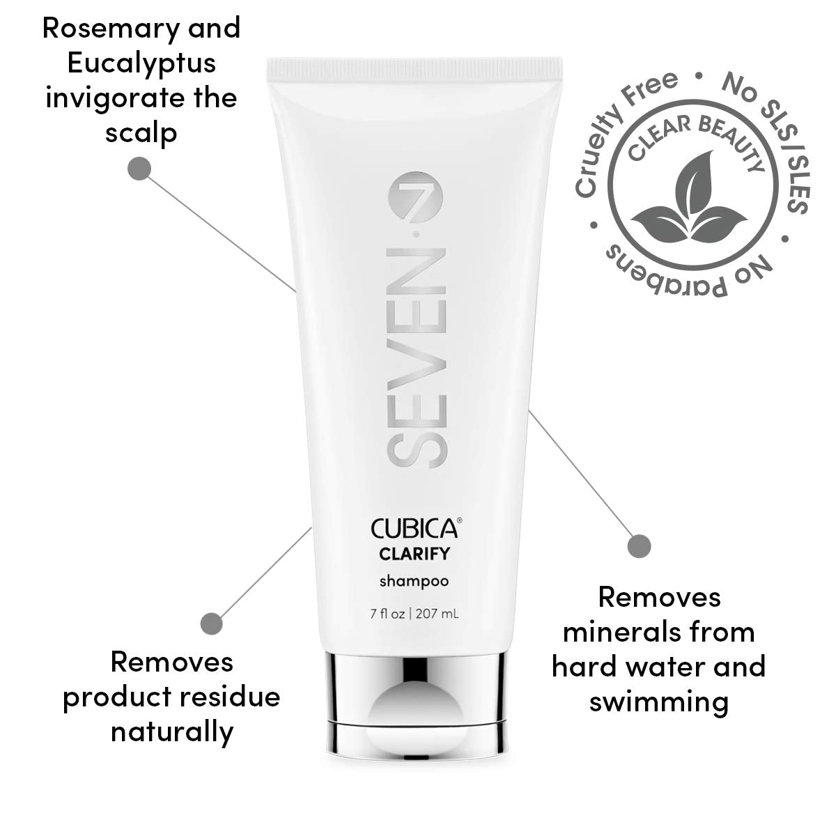 SEVEN Cubica Clarifying Shampoo ingredients closeup with rosemary, eucalyptus, and rose hip oil aroma.