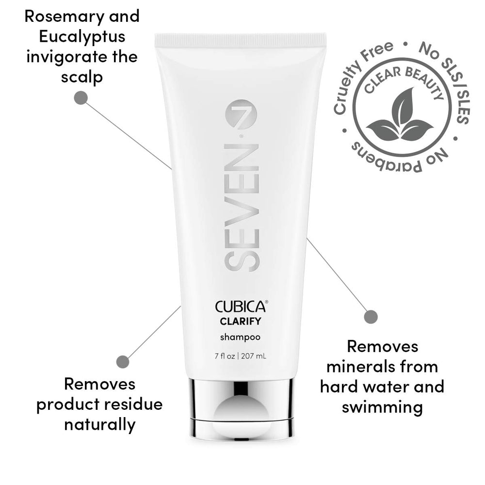 SEVEN Cubica Clarifying Shampoo ingredients closeup with rosemary, eucalyptus, and rose hip oil aroma.