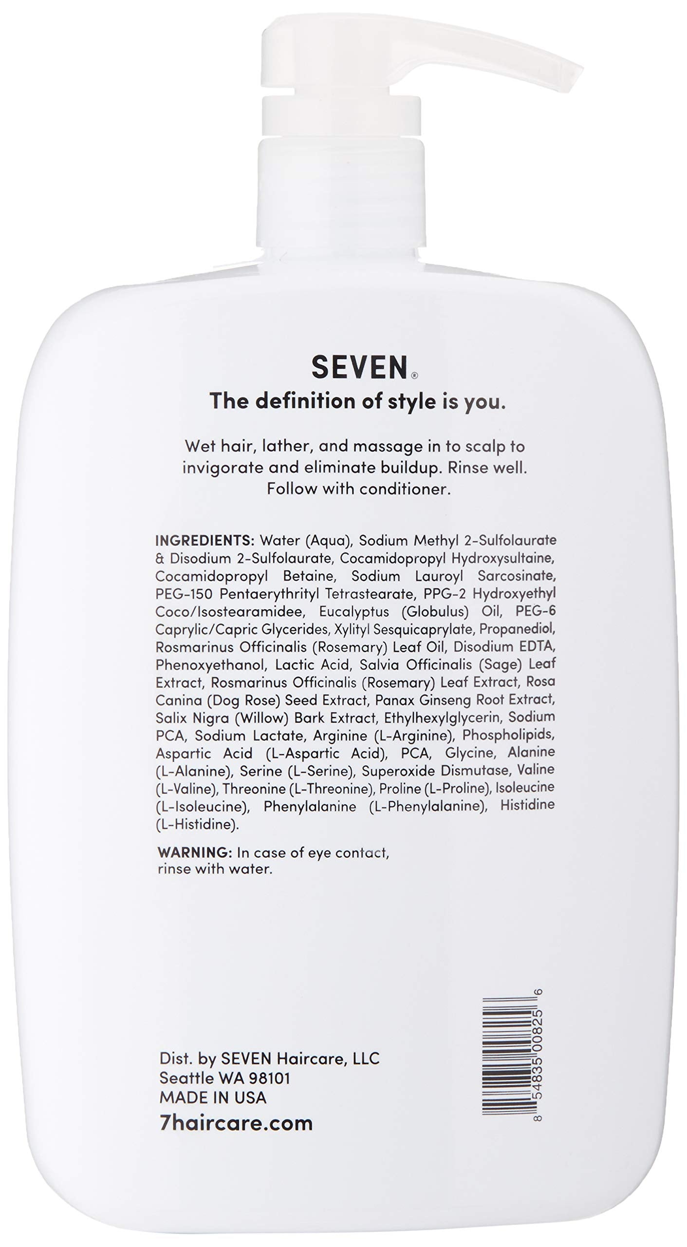SEVEN Cubica Clarifying Shampoo label closeup shows sulfate-free and cruelty-free claims.