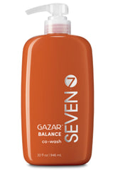 SEVEN GAZAR BALANCE bottle pouring, a gentle one-step cleanse for curly hair