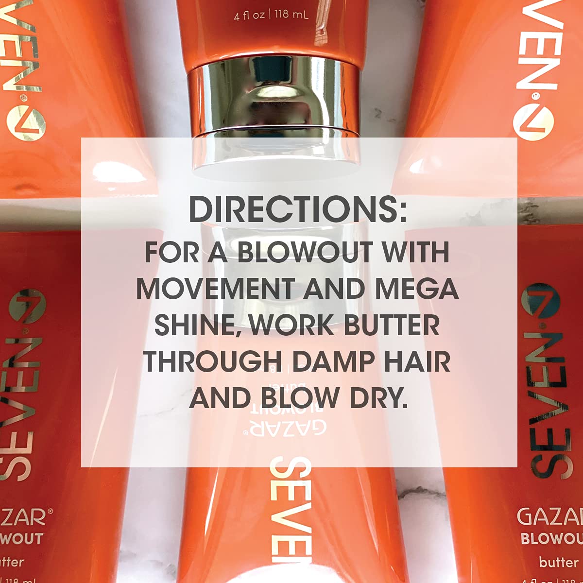 SEVEN Gazar hair finish close-up reveals glossy, frizz-free look.