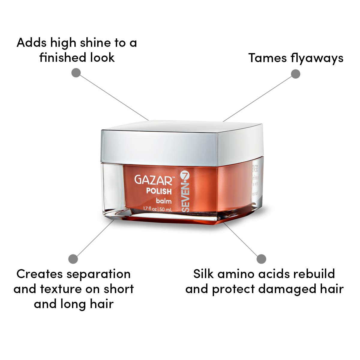 Hair with SEVEN GAZAR Polish gloss displaying vibrant, frizz-resistant shine.