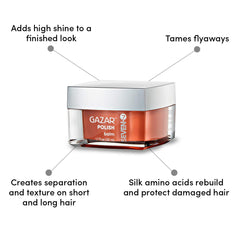 Hair with SEVEN GAZAR Polish gloss displaying vibrant, frizz-resistant shine.