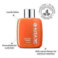 SEVEN Hydrate Shampoo label visible highlighting Pro Vitamin B5 and cactus flower
