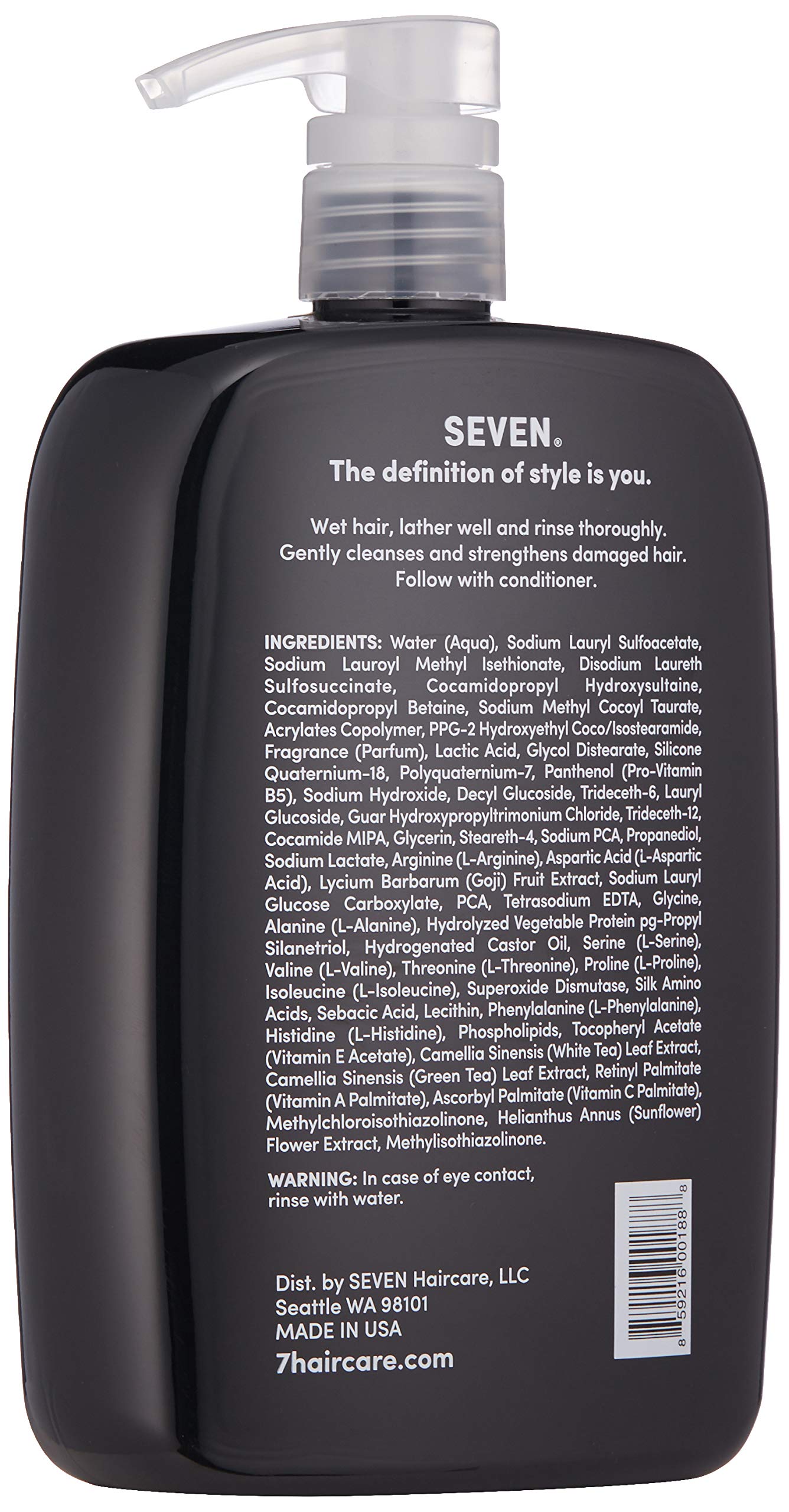 Close-up label shows cruelty-free and USA-made credentials for SEVEN.