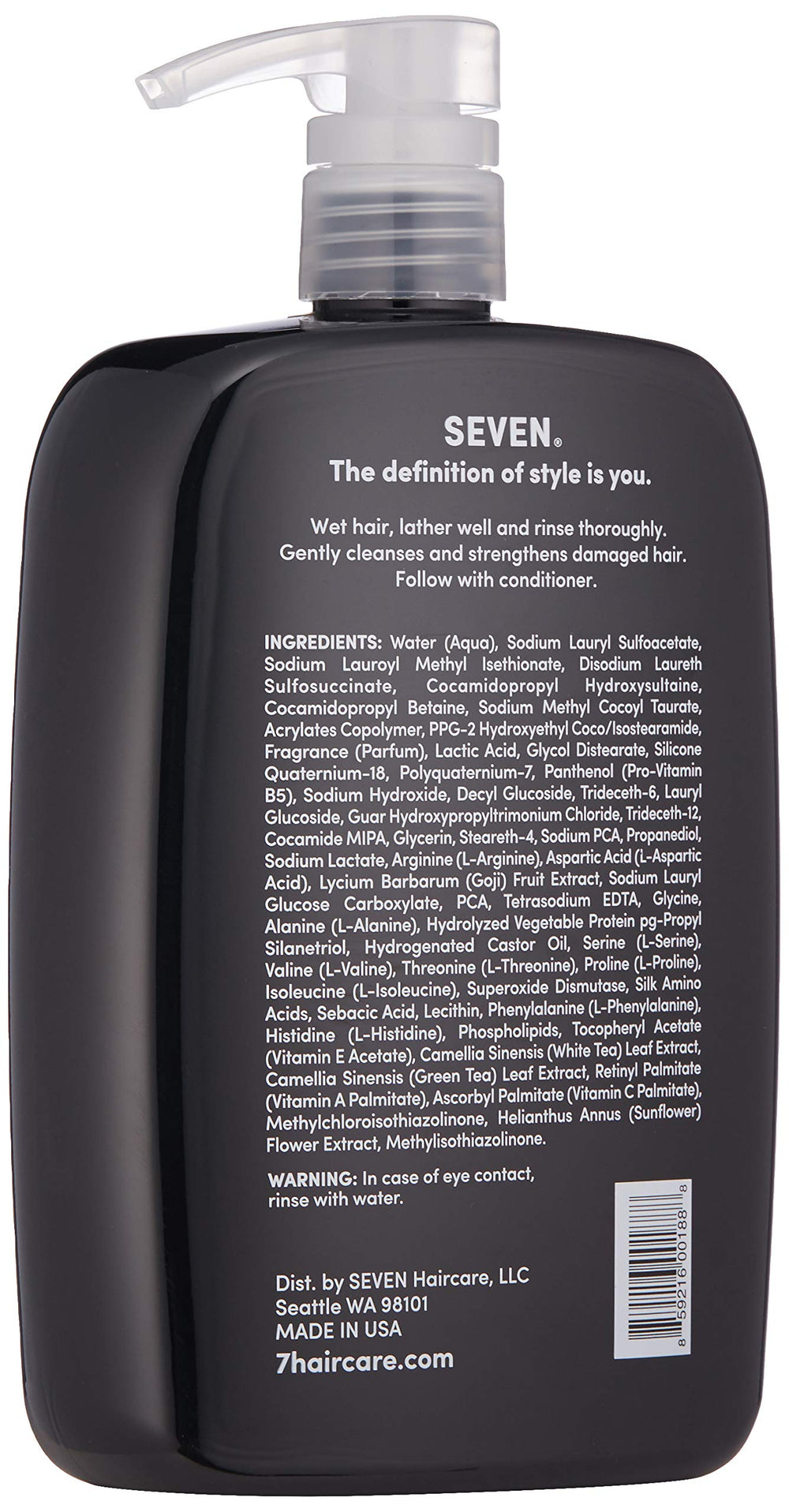 Close-up label shows cruelty-free and USA-made credentials for SEVEN.