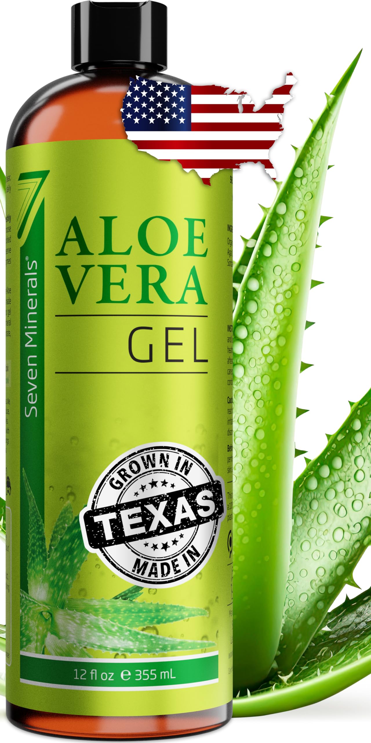 Seven Minerals Aloe Gel bottle shown for face and skin care with unscented formula.