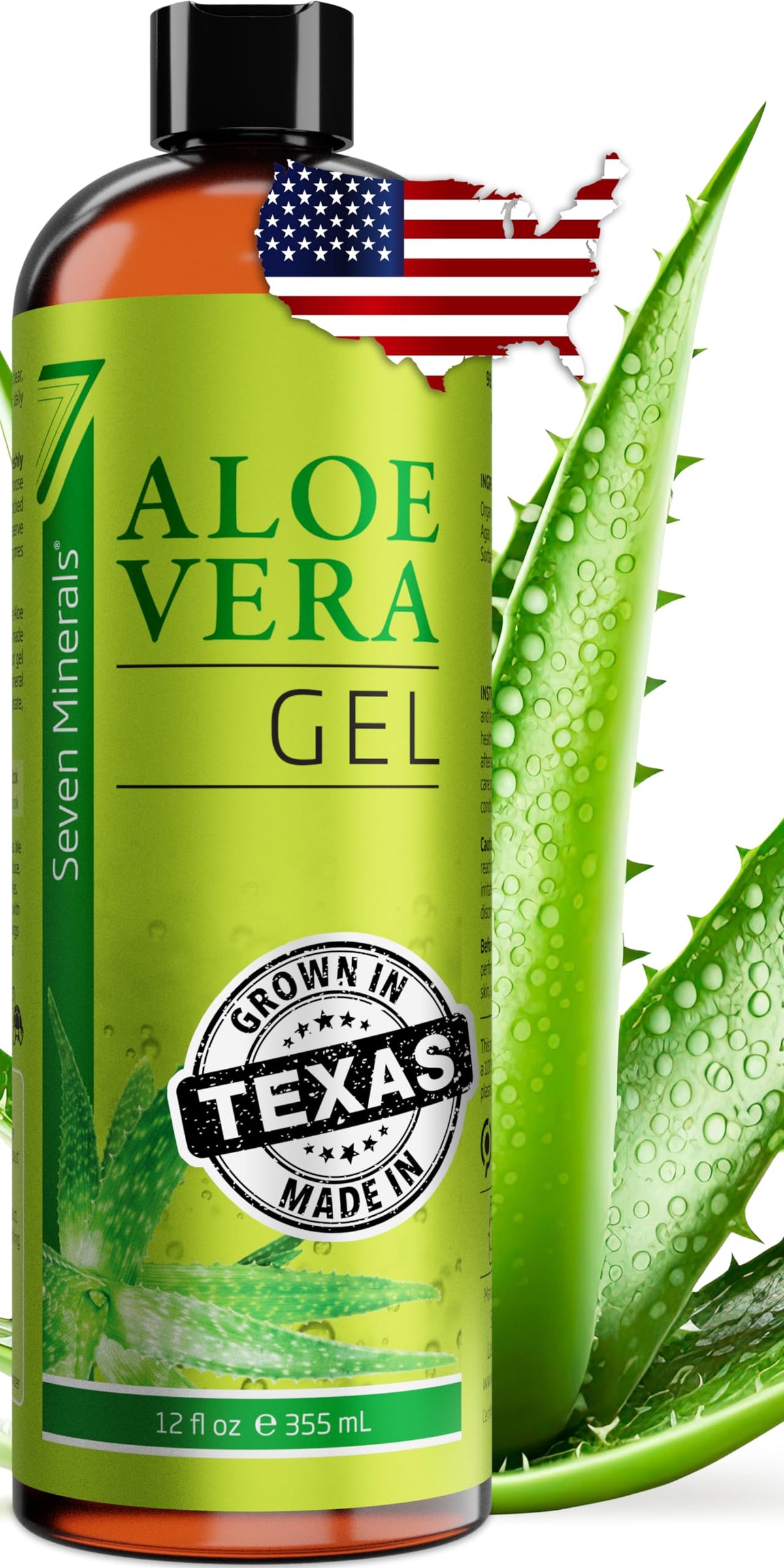 Seven Minerals Aloe Gel bottle shown for face and skin care with unscented formula.