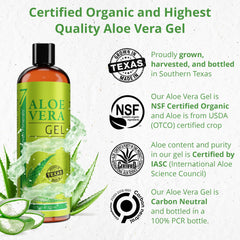 Seven Minerals Aloe Gel with fresh Texas-grown leaves highlight purity.