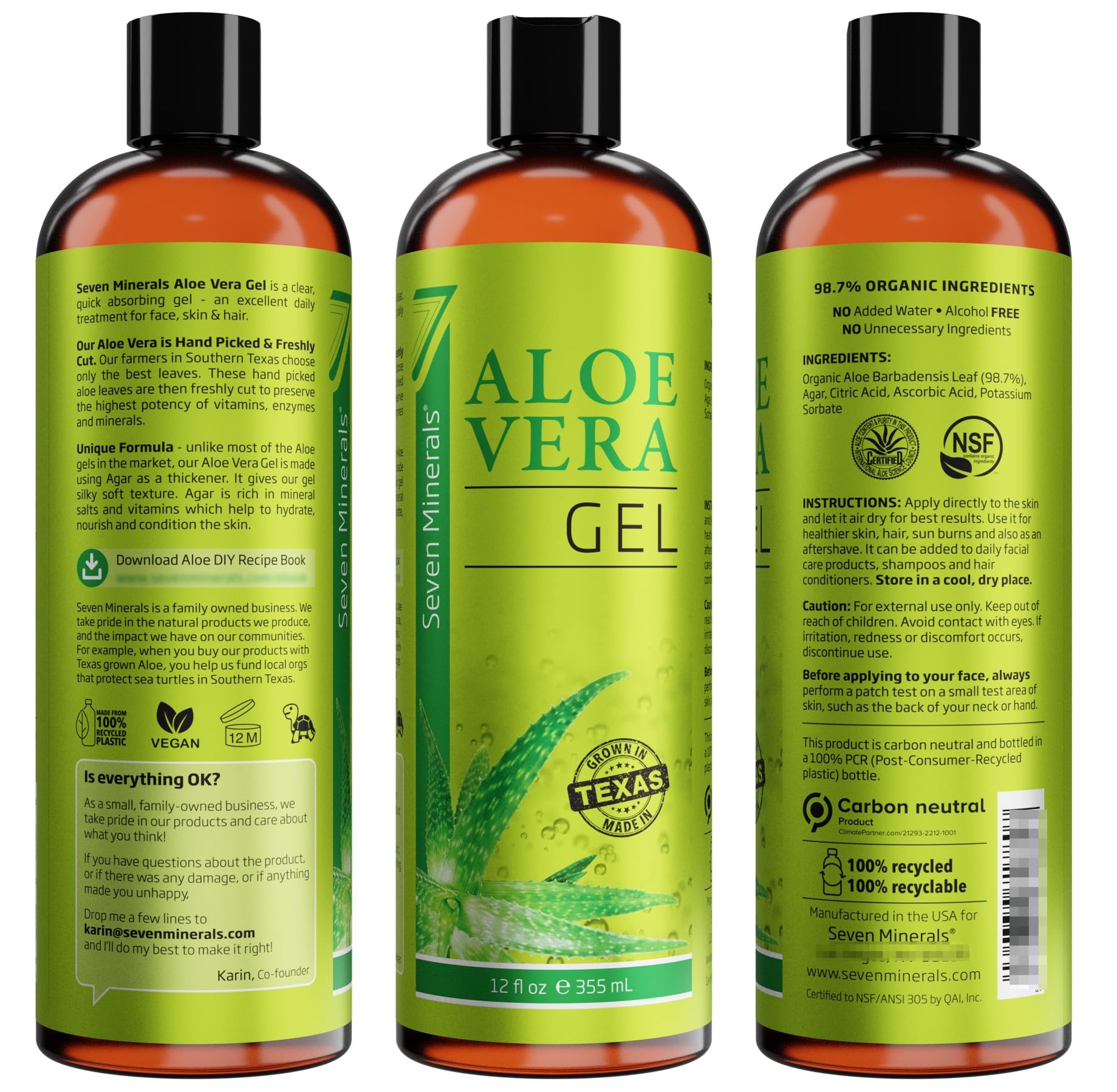 Seven Minerals Aloe Gel harvest from real leaves emphasizes freshness and purity.