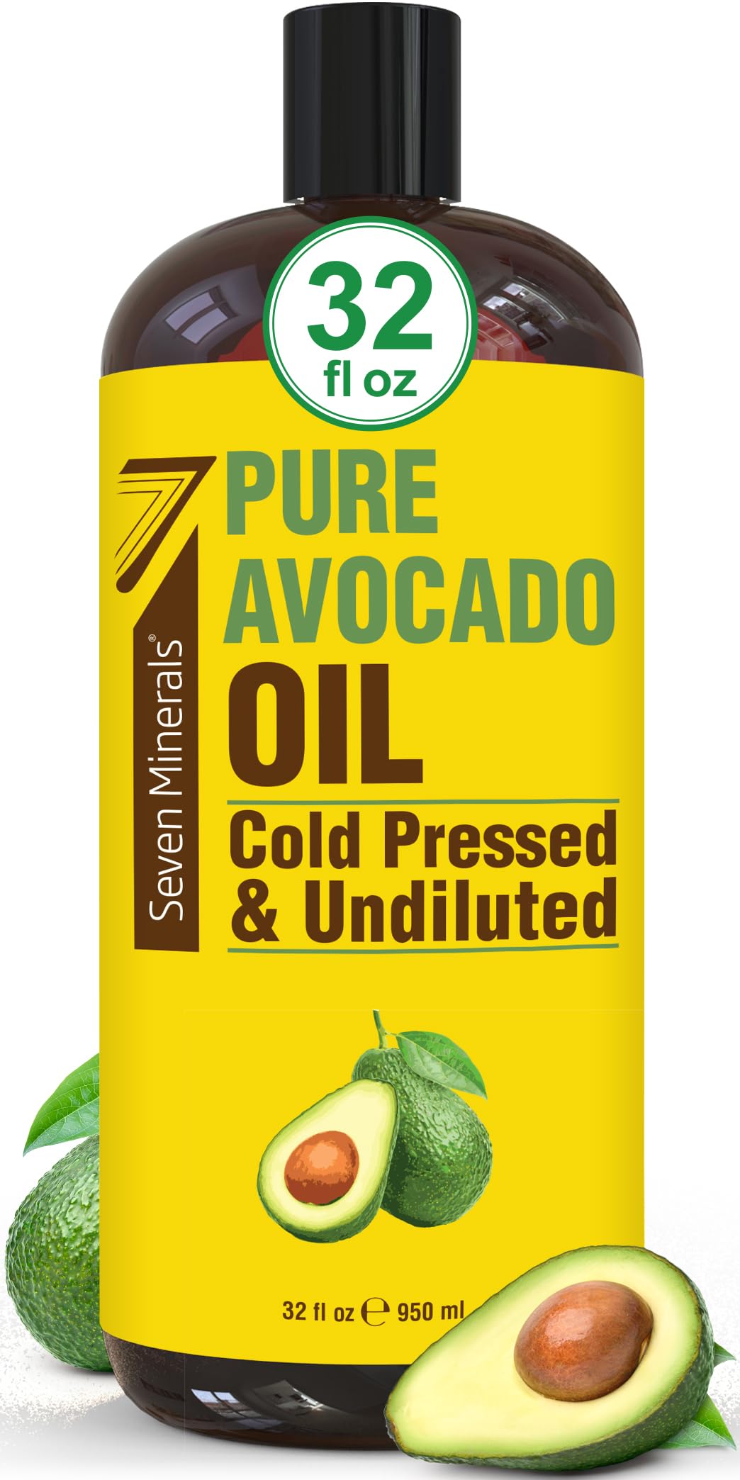 Seven Minerals avocado oil bottle pour for hair hydration.