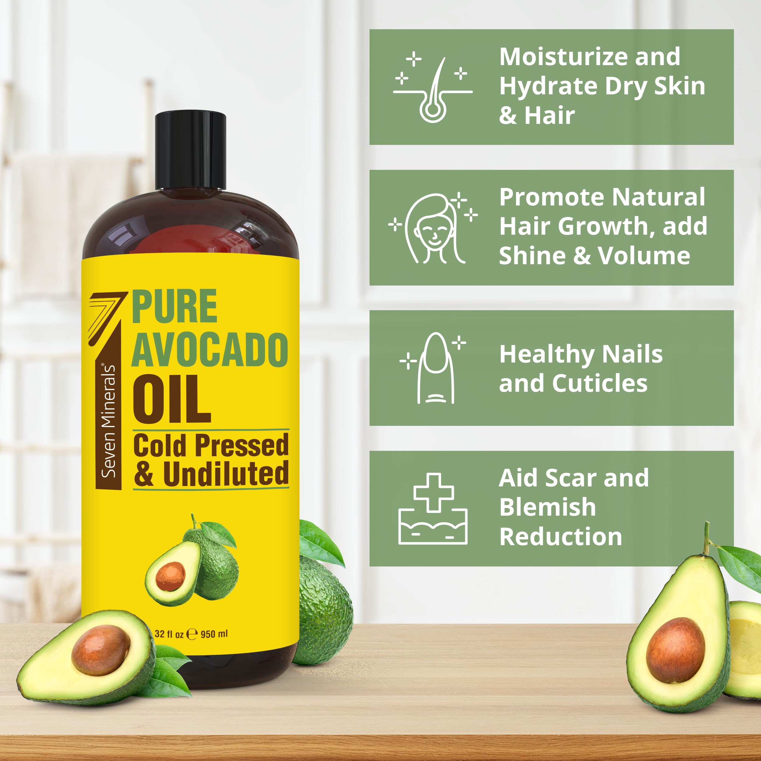 Seven Minerals avocado oil being applied to hair for shine.