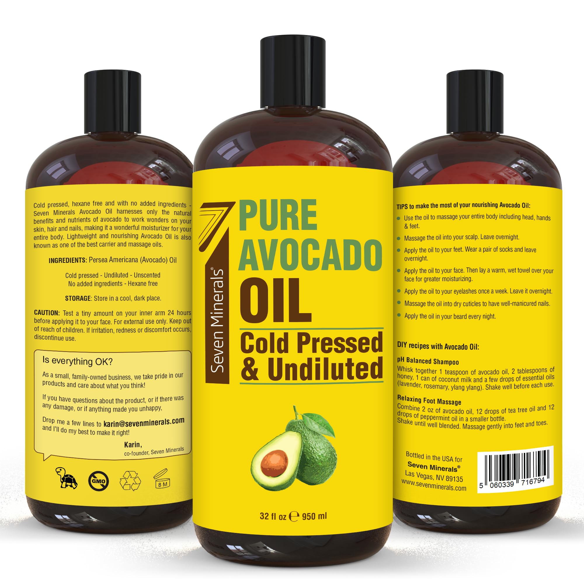 Seven Minerals avocado oil 32oz jug shown for skincare routine.
