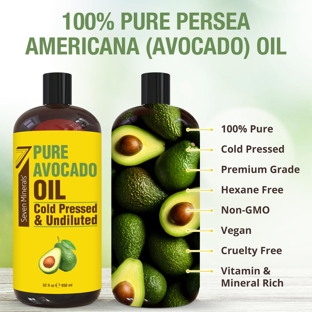 Seven Minerals avocado oil label highlighting pure, GMO-free formula.