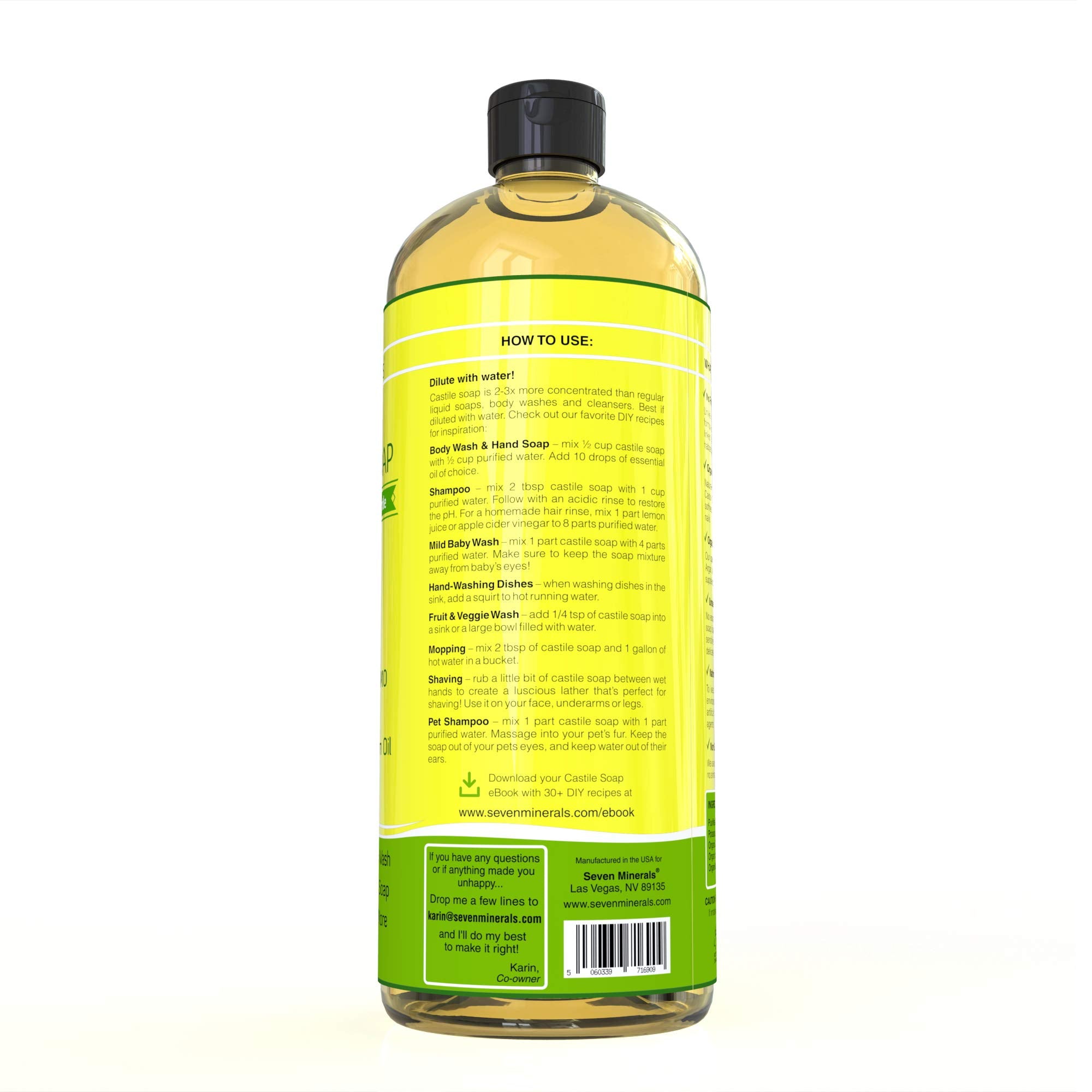 Seven Minerals Castile Soap ingredients label highlights organic carrier oils.