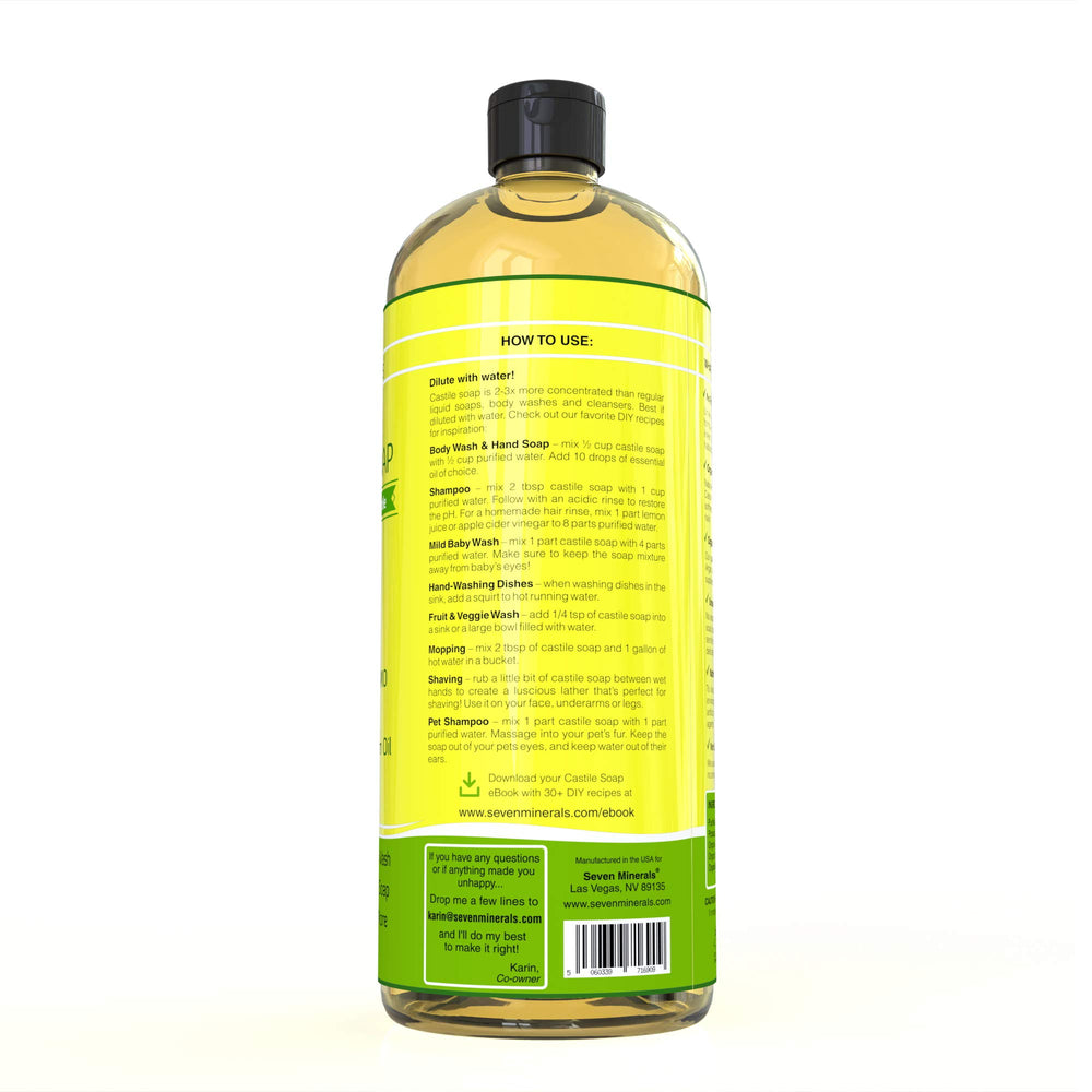 Seven Minerals Castile Soap ingredients label highlights organic carrier oils.