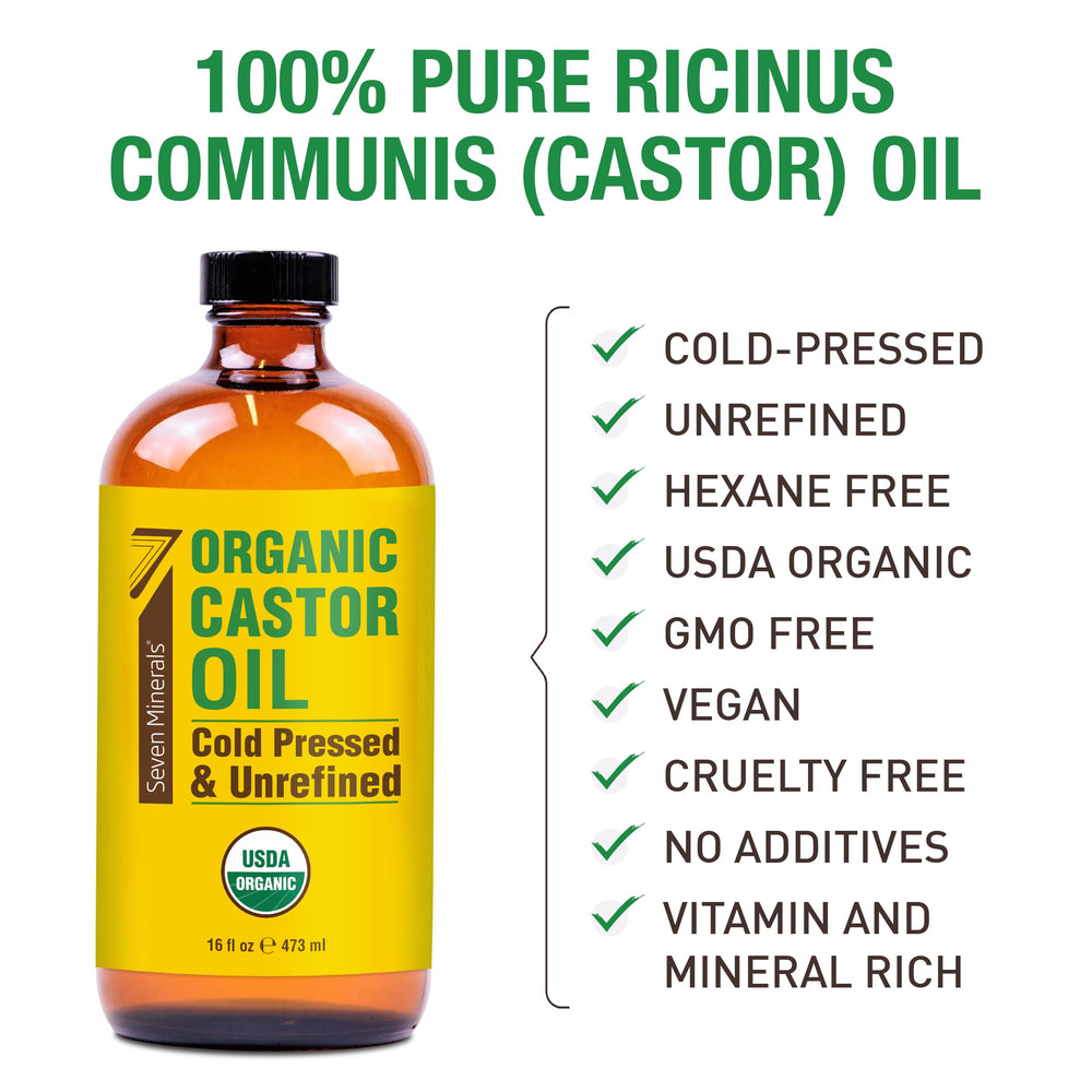 Seven Minerals organic castor oil in 16 oz bottle maintains nutrients for healthy shine.