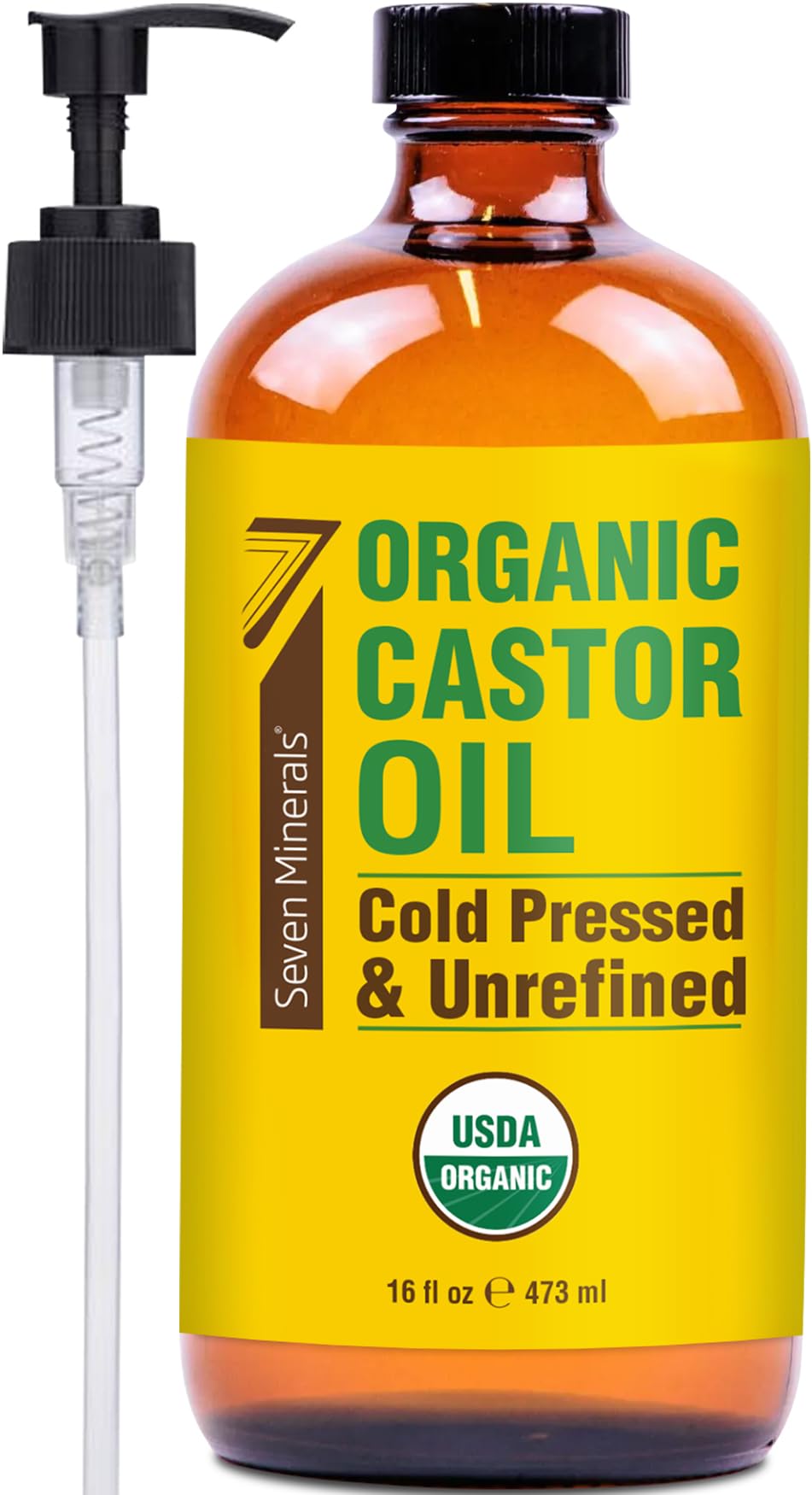 Seven Minerals castor oil in amber glass bottle supports pure skin and hair care.