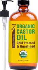 Seven Minerals castor oil in amber glass bottle supports pure skin and hair care.