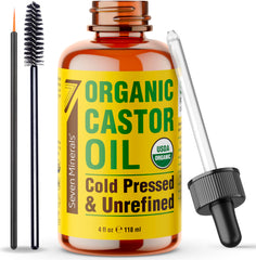 Seven Minerals castor oil bottle for eyelash and eyebrow care.
