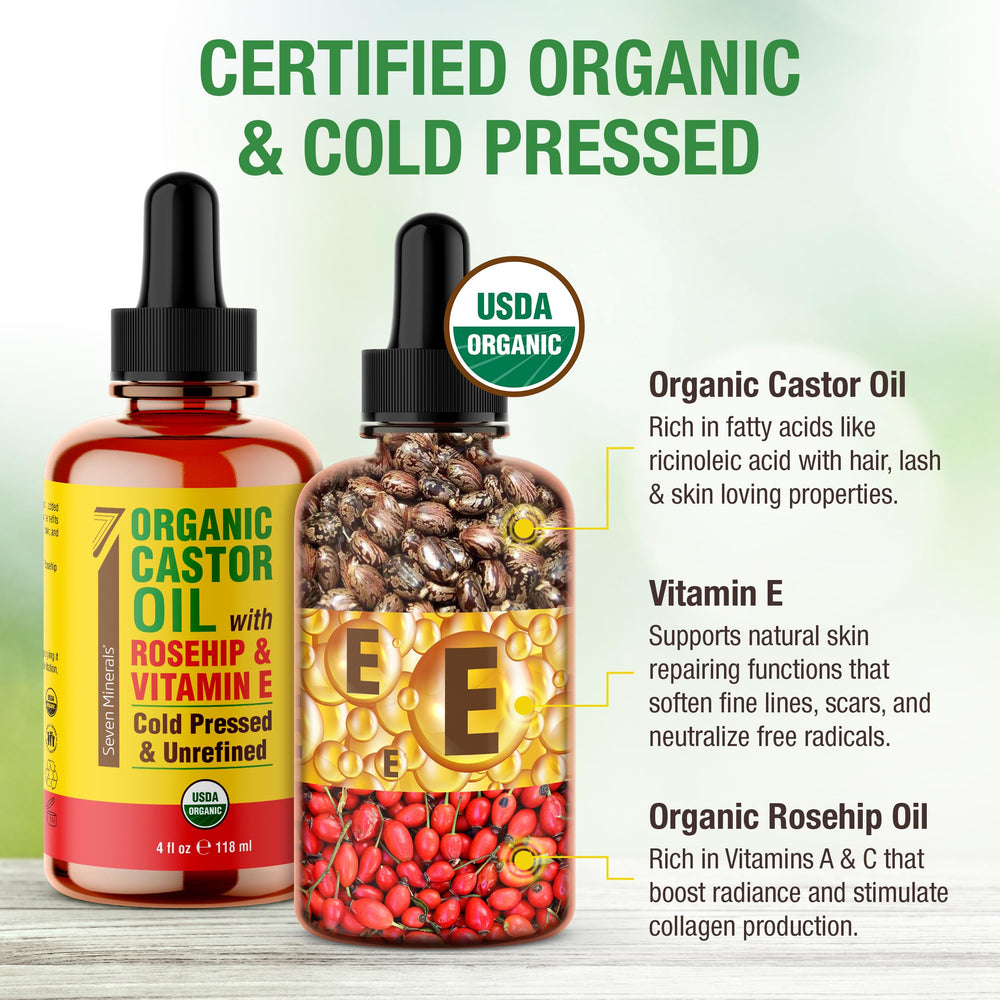 Seven Minerals castor oil dropper kit enables precise eyelash and eyebrow application.