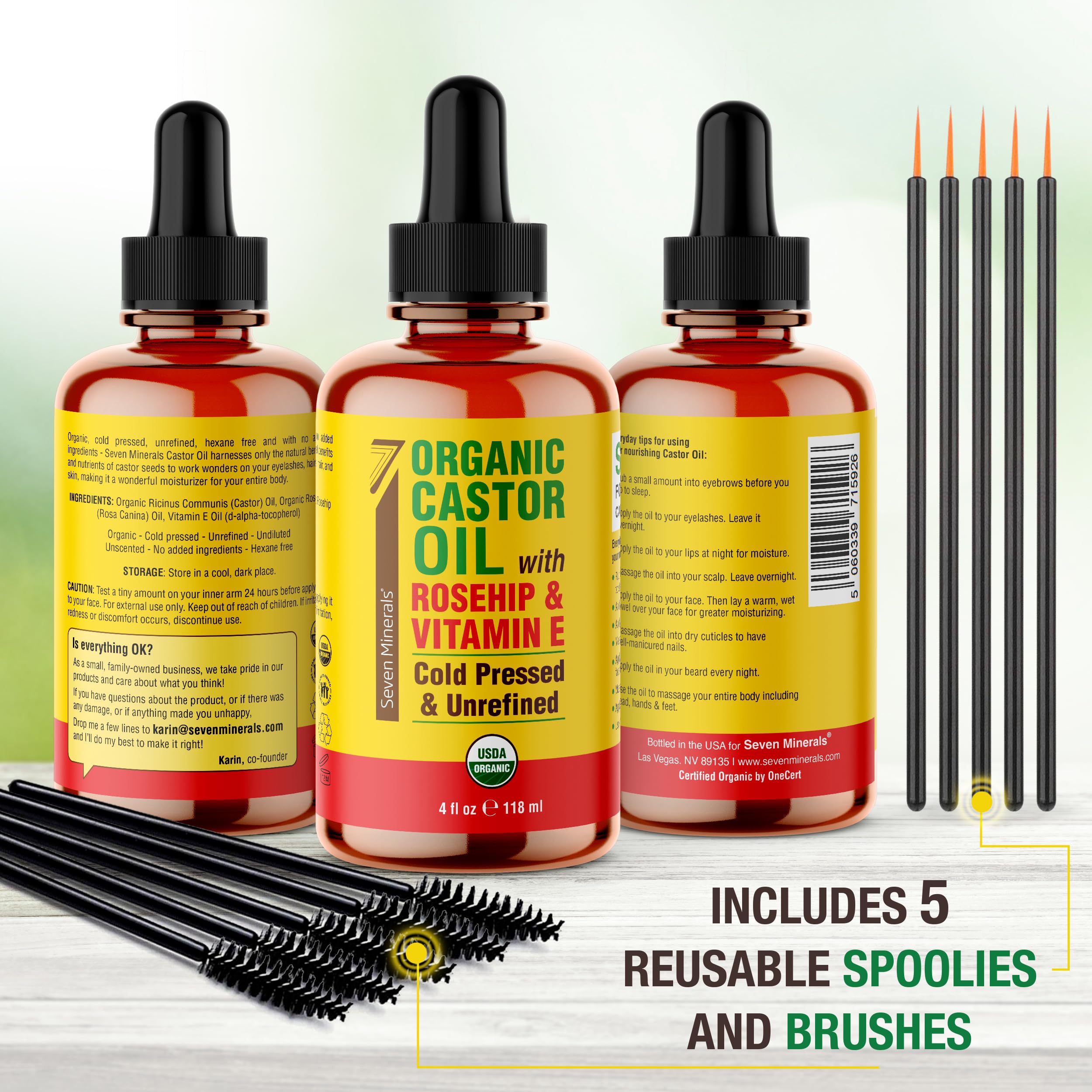 Eyebrows cared for with Seven Minerals castor oil, promoting soft, nourished brows.
