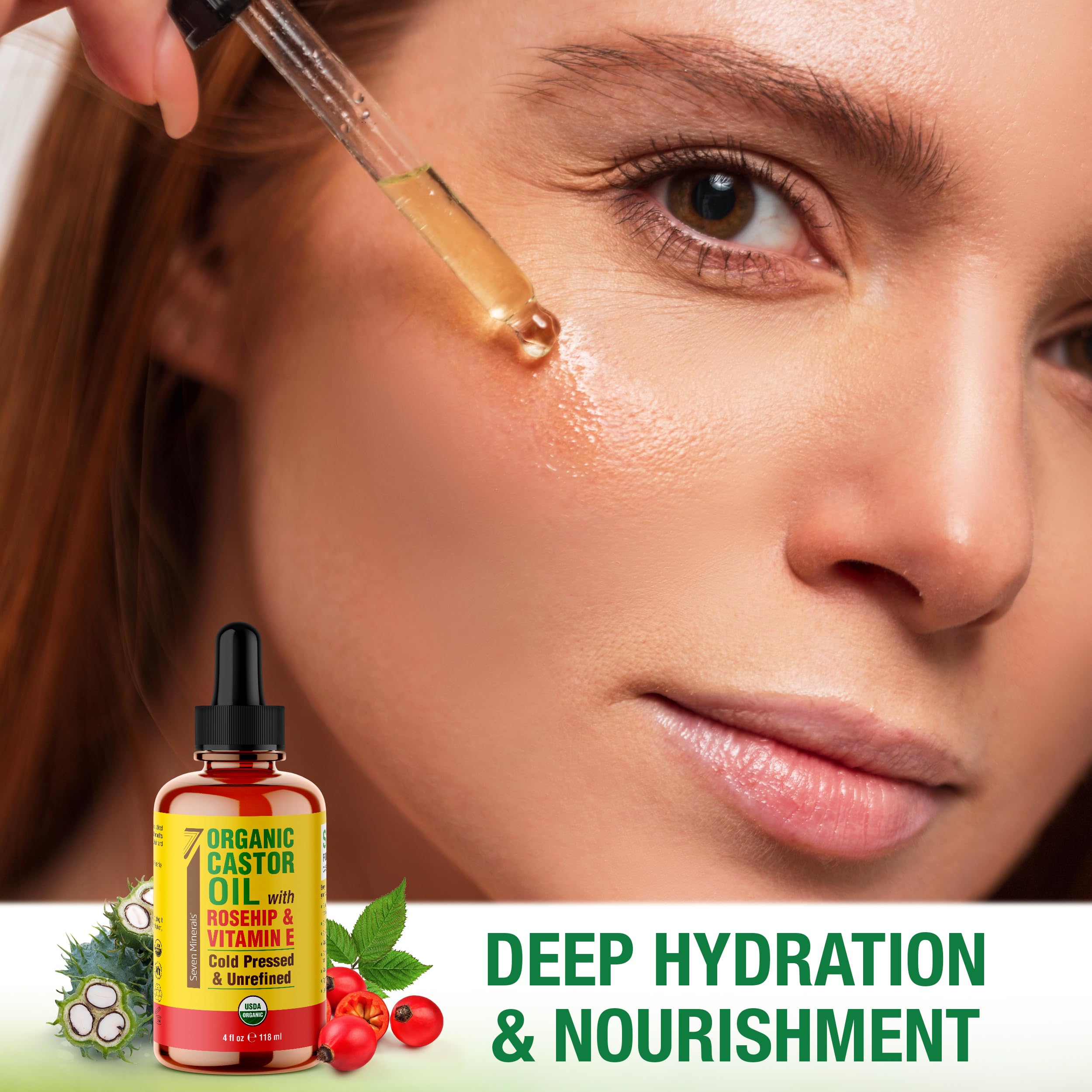 Seven Minerals castor oil for face hydration and natural radiance.