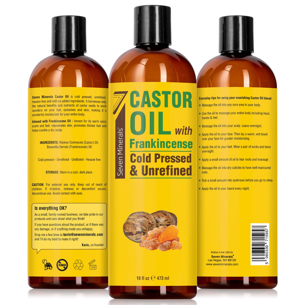Seven Minerals castor oil frankincense ingredients close-up, highlights pure formulation