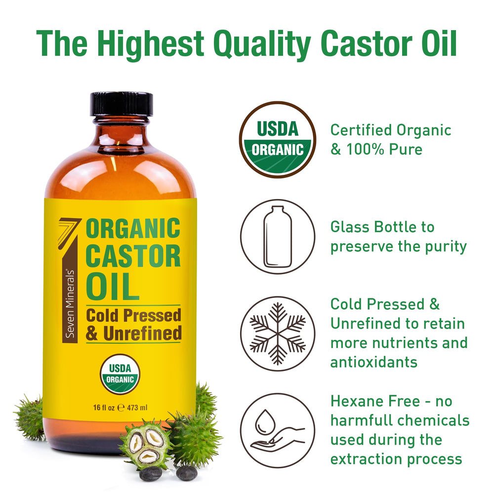 Seven Minerals hexane-free castor oil in glass bottle supports clean beauty routines.